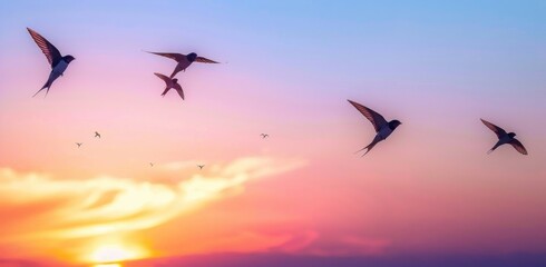 Several small birds with spread wings flying gracefully in a colorful sunset sky with warm orange, pink, and purple hues, evoking a peaceful and serene atmosphere