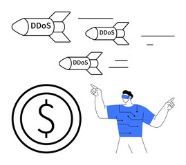 DDoS attack as missiles targeting money symbol, man monitoring cyber activity. Ideal for cybersecurity, online threats, financial security, data protection, tech education, awareness campaigns