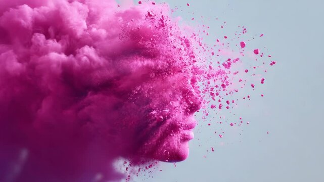 Abstract female face emerges from pink powder explosion on a clean background creating a unique contemporary art piece