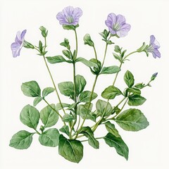 Delicate Purple Flowers with Green Leaves on Soft White Background