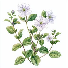 Delicate White Flowers with Green Leaves in Botanical Illustration