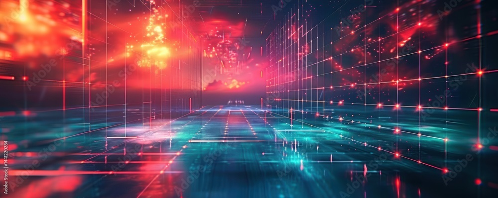 Poster futuristic digital grid corridor with glowing orange, red, and blue neon lights and floating particl