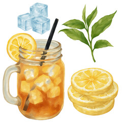 Watercolor ice lemon tea set clip art. A pack of freshness moment with ice cubes, lemon slices, tea leaves and a glass of ice lemon tea illustration for summer tea time.