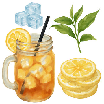 watercolor iced tea with lemon and ice clip art preview