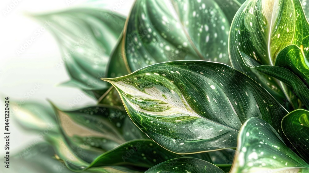 Poster close-up of lush green leaves with white speckles and intricate vein patterns creating a fresh and v