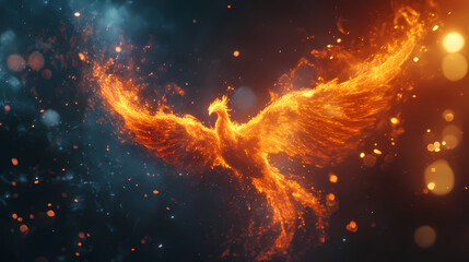 Glowing phoenix reborn in an astral flame, its wings spreading magical embers into the cosmic sky. Ember Spirit. Illustration