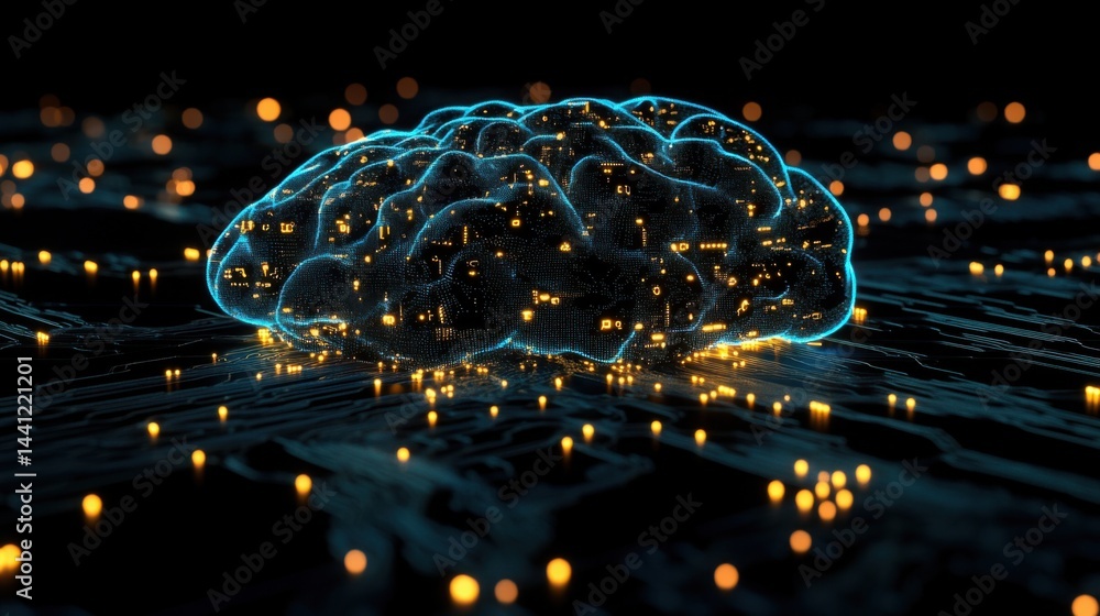 Poster abstract 3d render of a digital brain, glowing with interconnected circuits and neural pathways, sym