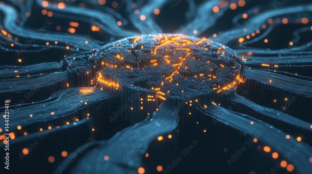 Poster abstract 3d render of a digital brain, glowing with interconnected circuits and neural pathways, sym