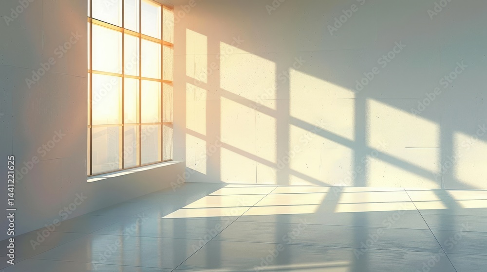 Poster empty room illuminated by warm sunlight through large grid window casting geometric shadows on clean
