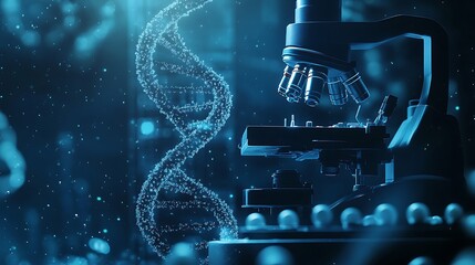 Futuristic Laboratory with Microscope and Digital DNA Strand