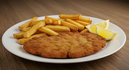 A plate of schnitzel with french fries and lemon wedges on a white plate on a wooden table surface top view