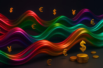 Vibrant stock market volatility — colorful liquid metal waves with floating currency symbols in abstract 3D