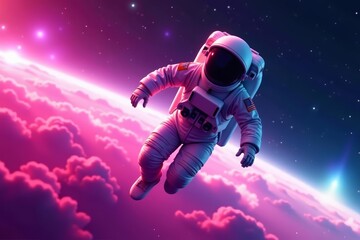 Vibrant pink space explorer in astronaut suit drifting in space nebula, dark, explorer, pink