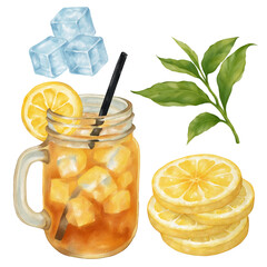 Set of watercolor ice lemon tea clip art with ice cubes, tea leaves, and lemon slices illustration for summer tea time.