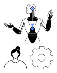 Robot gesturing with mechanical arms alongside a gear and female avatar, illustrating AI, teamwork, and automation. Ideal for technology, AI-human collaboration, innovation, and a simple landing page