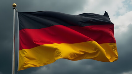 Powerful HD image of Germany's flag waving fiercely, its black, red and gold horizontal stripes glowing against dark storm clouds in dramatic European lighting.