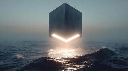 floating screen hovering over a shimmering ocean sunset