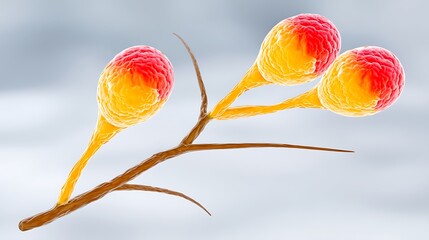Microscopic image showing three bulbous, reddish-yellow structures attached to a thin, brown stem