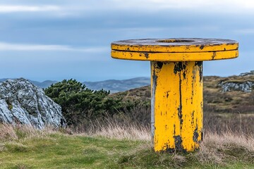 Weathered Yellow Marker Standing on a Hill Overlooking the Landscape