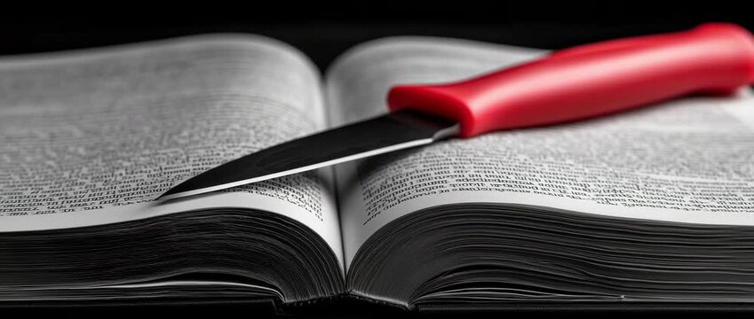 Red-handled knife rests between dictionary pages, close-up with shallow focus, slow tilt-down reveals sharper blade glint