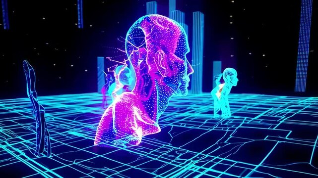 Futuristic neon hologram heads in virtual grid space with dynamic light patterns