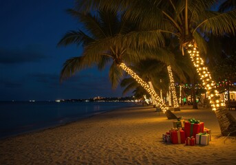 Christmas beach party with decorated palms and gifts at night