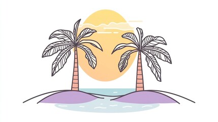 Tropical island sunrise illustration, peaceful scene, design element