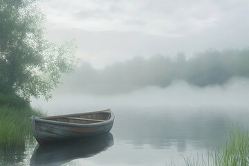 Fototapeta premium Misty morning scene with a lone rowboat.