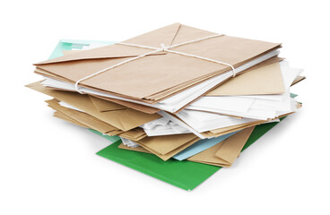 Stack of different paper envelopes on white background. Post office