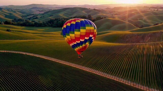 Colorful hot air balloon gliding over scenic rolling hills at sunrise