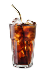 Glass of cola with ice cubes isolated on white