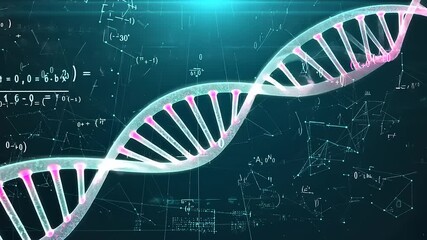 Abstract representation of a DNA double helix with mathematical equations and digital elements in background - Powered by Adobe