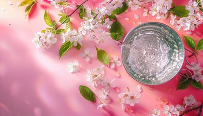 Delicate white cherry blossoms and green leaves scattered around a round silver bowl with water being poured into it on a soft pink surface capturing serenity and freshness