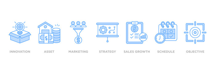 Business plan banner web icon vector illustration concept with icon of innovation, assets, marketing, strategy, sales growth, schedule, and objective