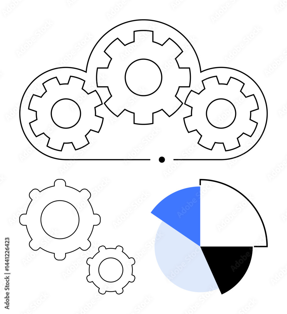 Poster cloud with interlocking gears symbolizing connectivity and productivity, paired with a divided pie c