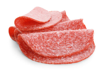 Slices of tasty smoked sausage isolated on white
