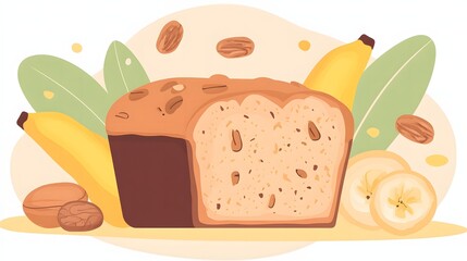 Fototapeta premium Delicious Banana Bread with Nuts and Fresh Bananas on a Background