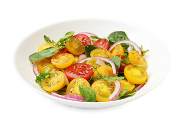 Fresh salad with yellow tomatoes isolated on white