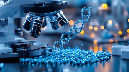 Futuristic Laboratory with Microscope and Digital DNA Strand