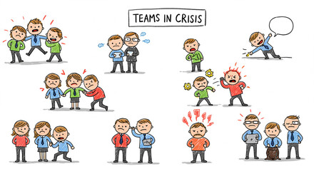 Teams Facing Crisis Illustrated Through Cartoon Characters  