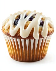 Delicious cupcake topped with glaze and berries on a white background