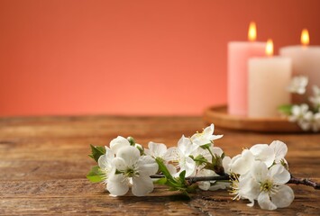 Twig with beautiful flowers and burning candles on wooden table against coral background, selective focus. Space for text