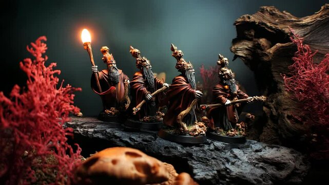 Miniature wizards in robes holding staffs with skulls, standing in a mystical woodland setting with red coral and rock formations