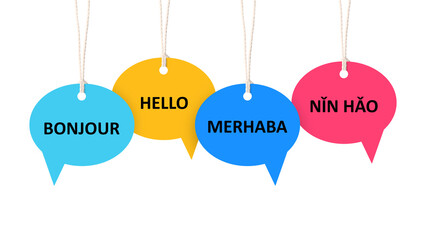 Paper speech bubbles with greetings in different languages hanging on white background. Banner design © New Africa