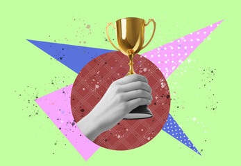 Fototapeta na wymiar Golden trophy cup in woman's hand on color background, creative collage