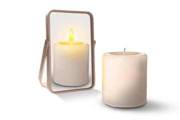 Extinguished candle reflecting in mirror as burning, white background. Opposite, contrast,...