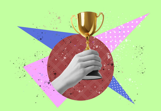 Golden trophy cup in woman's hand on color background, creative collage
