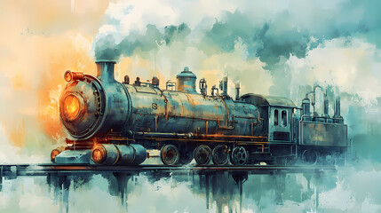 Naklejka premium Fantastic fabulous locomotive, steam from a pipe, steampunk., watercolor style,. Dream Boiler. Illustration