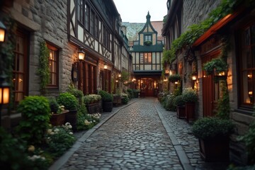 Fototapeta premium Cozy cobblestone street in an old European town lined with historic half-timbered houses and glowing lanterns at twilight.