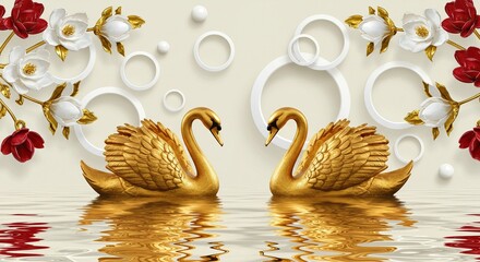 Two elegant golden swans facing each other on reflective water, surrounded by white and red flowers with golden leaves and abstract white rings, 3D illustration. Perfect for decorative purposes.